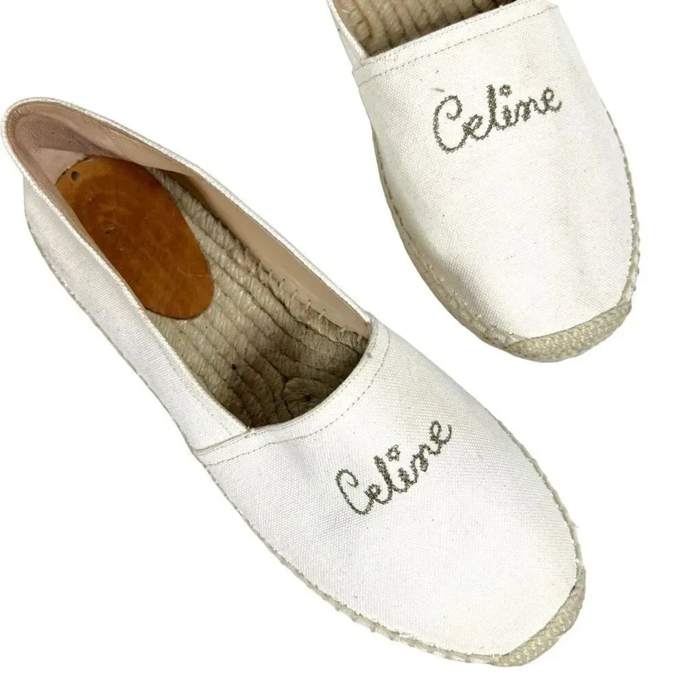 CELINE Embroidered Logo Triomphe Flat Espadrilles Canvas Cream Size 40 US 10